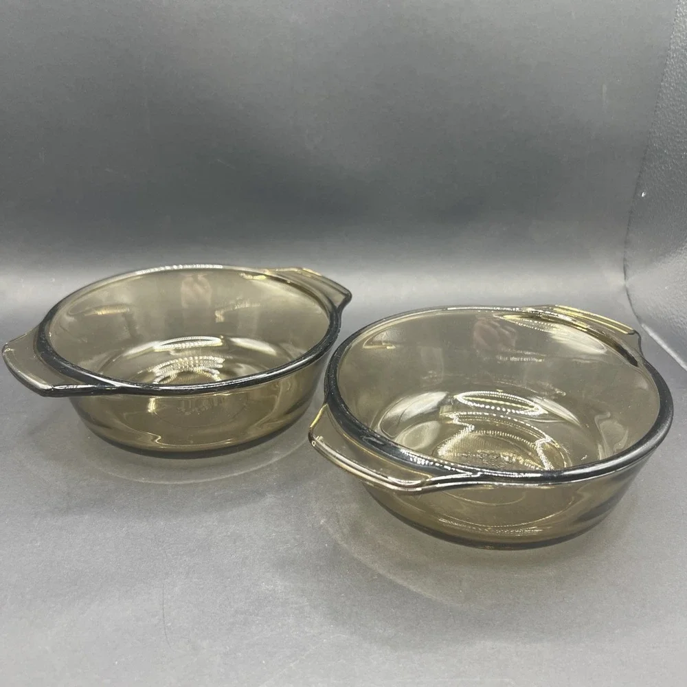 Pair of Vintage Smoked Glass Casserole Dishes 12oz Serving Bowls USA 1072